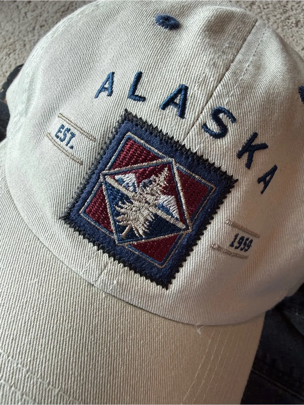 Alaska Embroidered Baseball Cap -tan with Navy & Red Accent